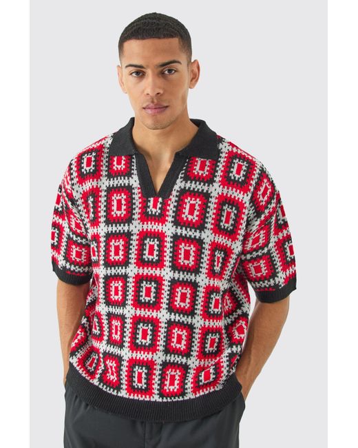 BoohooMAN Short Sleeve Boxy Fit Revere Crochet Polo In Red for men