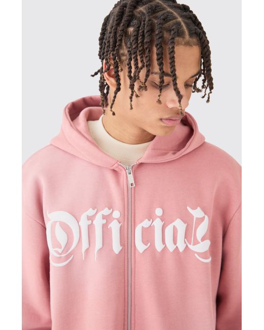 BoohooMAN Pink Oversized Boxy Zip Through Washed Denim Applique Hoodie for men