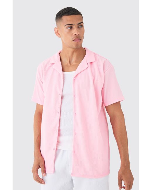 Short Sleeve Ribbed Oversized Shirt Boohoo de color Pink