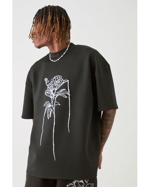 BoohooMAN Black Tall Oversized Floral Line Drawing Scuba T-shirt for men