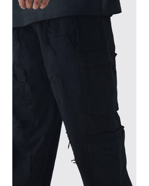 BoohooMAN Black Plus Relaxed Fit Distressed Cargo Trousers for men