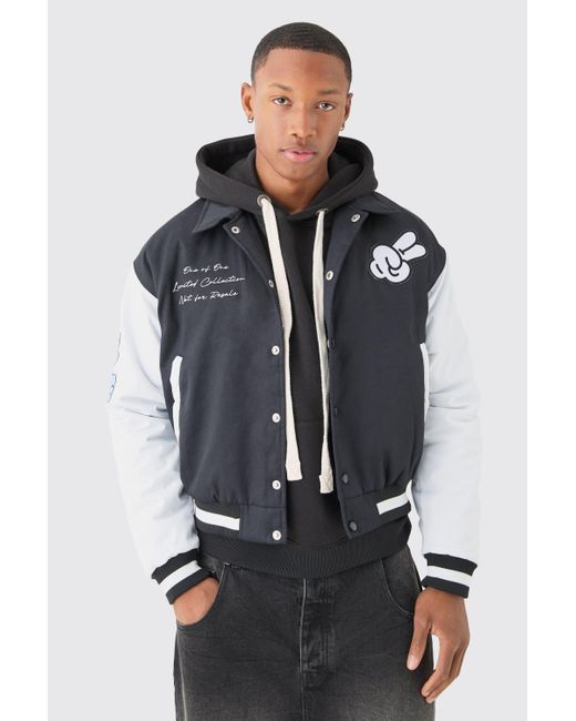 BoohooMAN Gray Boxy Twill Embroidered Collared Varsity Jacket In Black for men