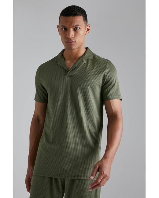 BoohooMAN Synthetic Tall Slim Fit Revere Collar Pleated Polo Top in Green for Men Save 6 Lyst