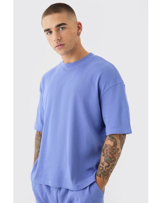 Boohoo Blue Oversized Boxy Extended Neck Heavyweight Ribbed T-shirt