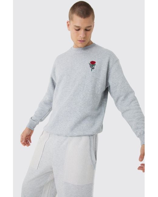 BoohooMAN Gray Oversized Skeleton Rose Embroidery Sweatshirt for men