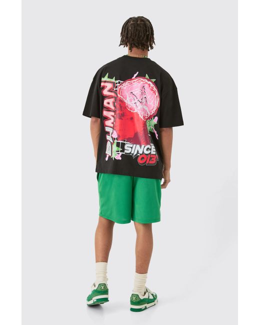 BoohooMAN Green Oversized Graphic T-shirt & Mesh Short Set for men