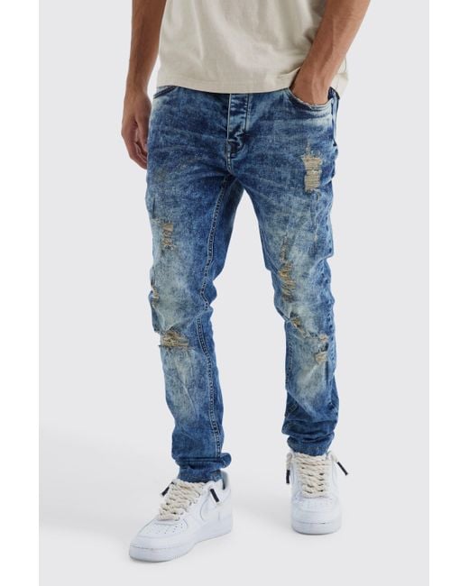 BoohooMAN Blue Skinny Stretch Ripped Jean for men