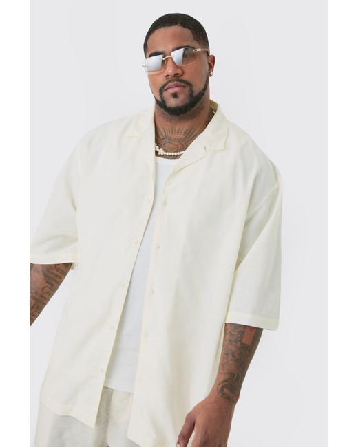 BoohooMAN White Plus Linen Drop Revere Shirt In Ecru for men