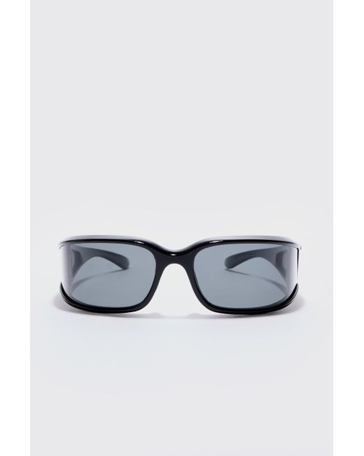 Wrap Around Rectangle Sunglasses In Black Boohoo de color White
