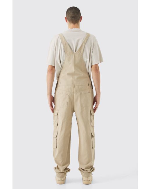 BoohooMAN Natural Washed Twill Multi Cargo Pocket Relaxed Fit Dungarees for men