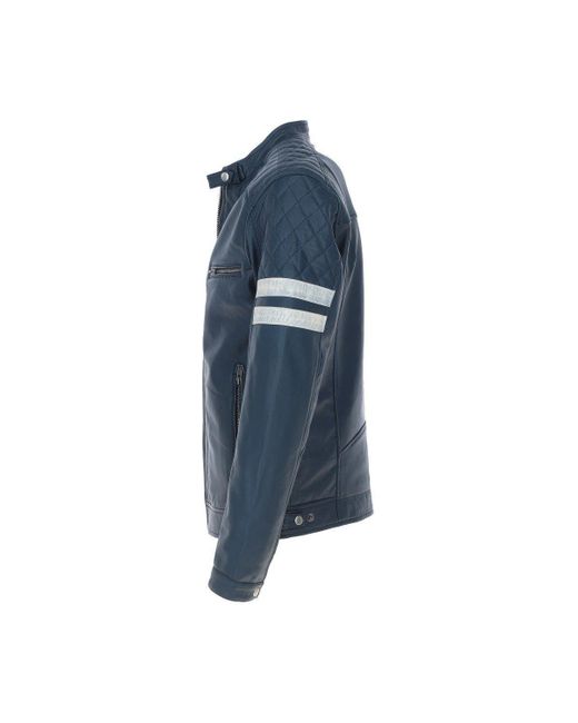 BoohooMAN Blue Ashwood Leather 'nova' Ashwood Leather Contrasting Stripe Biker Jacket for men