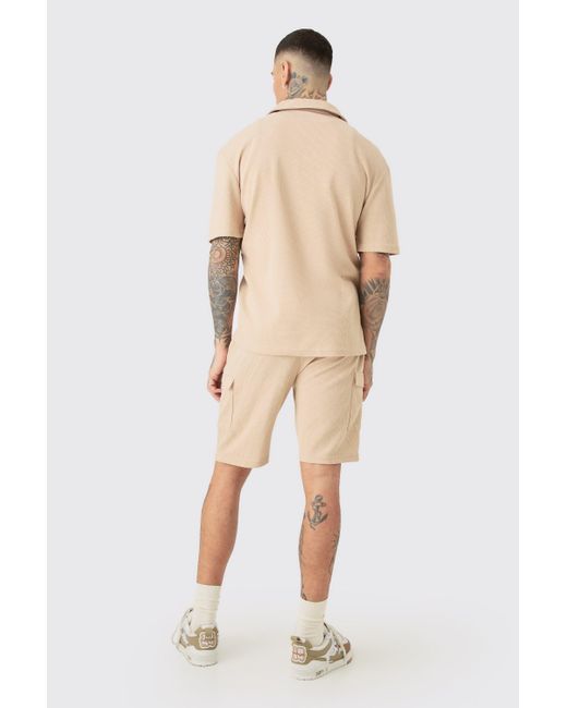 BoohooMAN Natural Tall Short Sleeve Drop Revere Shirt & Cargo Short Set In Stone for men