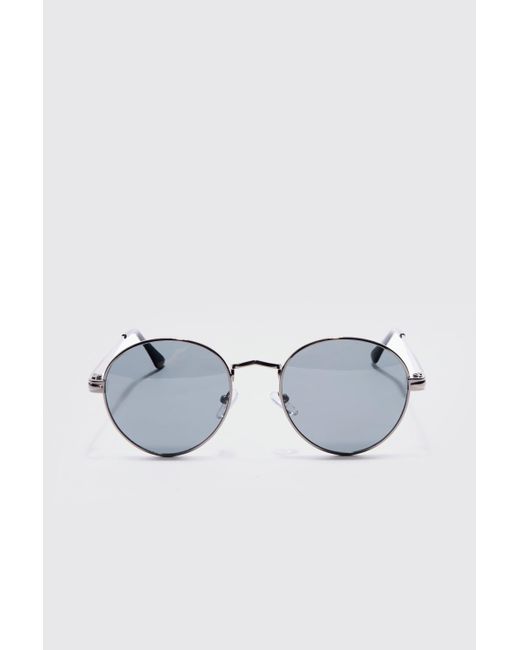 Metal Round Sunglasses In Silver Boohoo de color White
