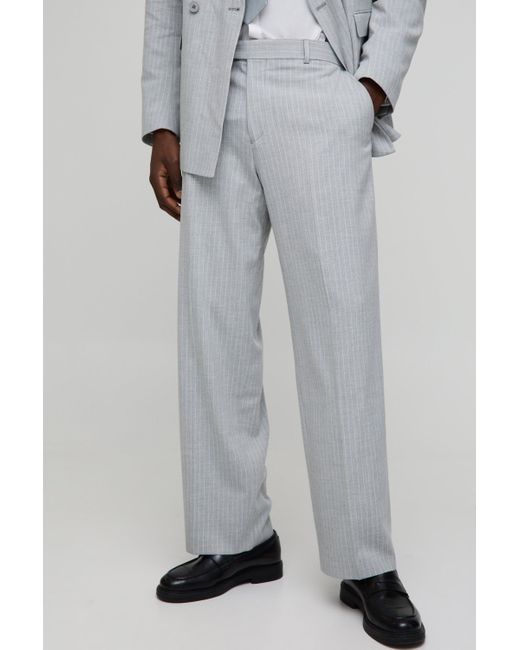 BoohooMAN Gray Relaxed Fit Fixed Waistband Pinstripe Suit Pants for men