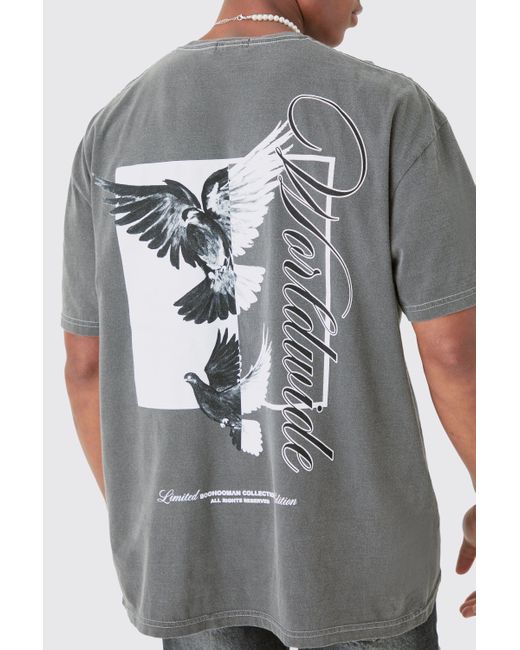 BoohooMAN Gray Oversized Dove Worldwide Back Print T-shirt for men