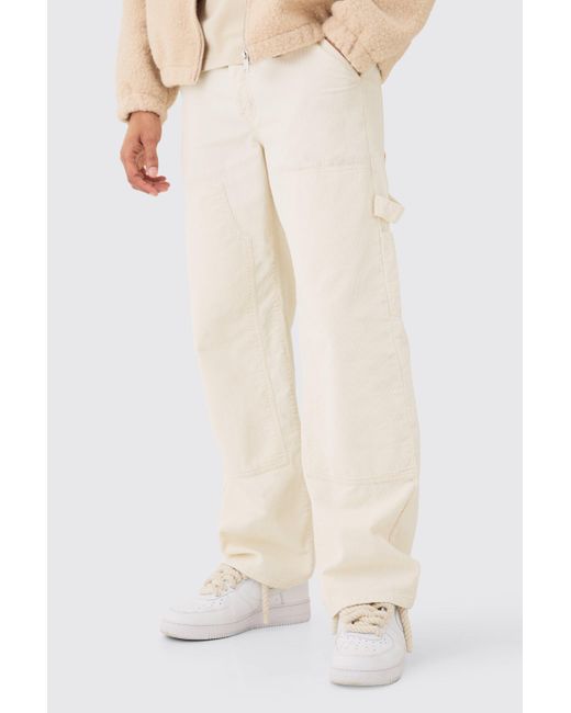 BoohooMAN White Baggy Carpenter Acid Wash Cord Trouser In Sand for men