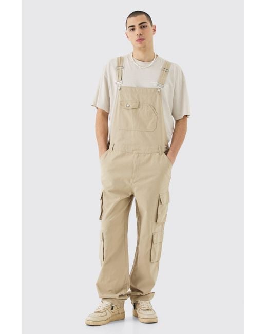 BoohooMAN Natural Washed Twill Multi Cargo Pocket Relaxed Fit Dungarees for men