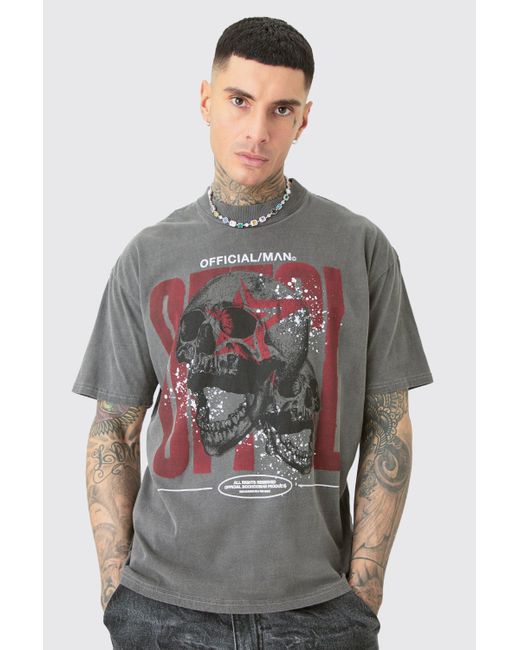 BoohooMAN Gray Tall Acid Wash Ofcl Skull Graphic T-shirt for men