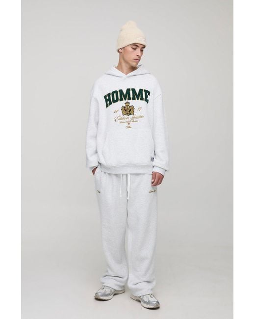BoohooMAN White Oversized Homme Varsity Applique Hooded Tracksuit for men