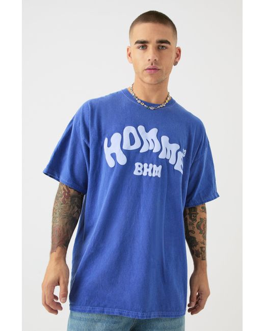 Boohoo Blue Oversized Washed Printed T-shirt