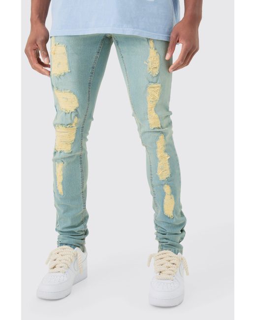 Boohoo Skinny Stacked Distressed Ripped Jeans In Antique Blue