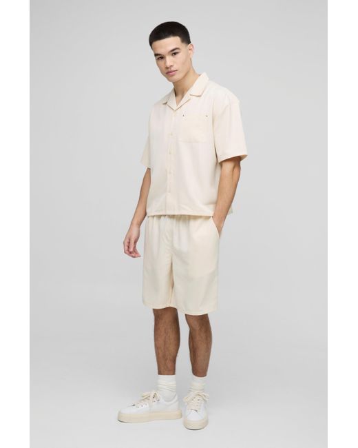 BoohooMAN Oversize Twill Hemd mit Taschen-Detail & Shorts in Natural für Herren