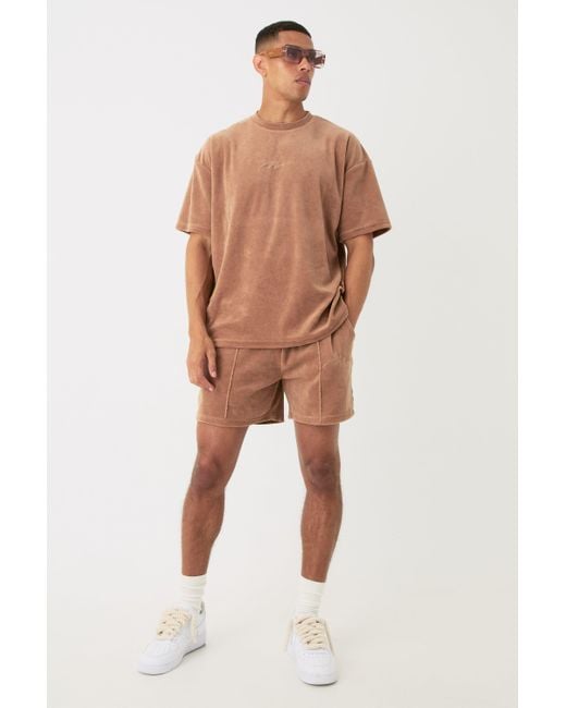 BoohooMAN Brown Velour Oversized T-shirt & Pinktuck Shorts Set for men