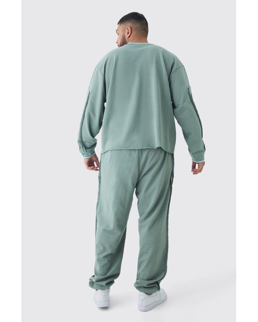 BoohooMAN Green Plus Oversized Boxy Sports Rib Sweatshirt Tracksuit for men