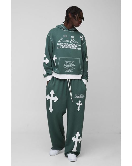 BoohooMAN Green Oversized Boxy Limited Edition Cross Applique Hooded Tracksuit for men