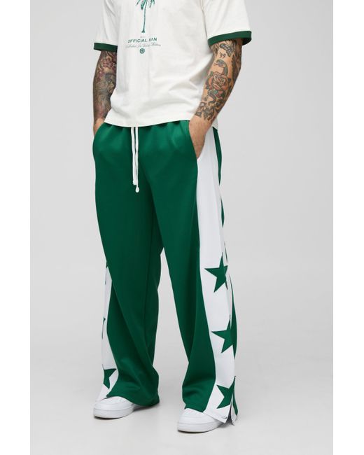 BoohooMAN Green Wide Leg Star Tricot Split Hem Joggers for men