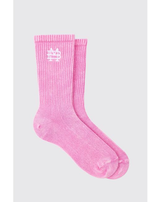 BoohooMAN Acid Wash Bm Embroidered Socks In Pink for men