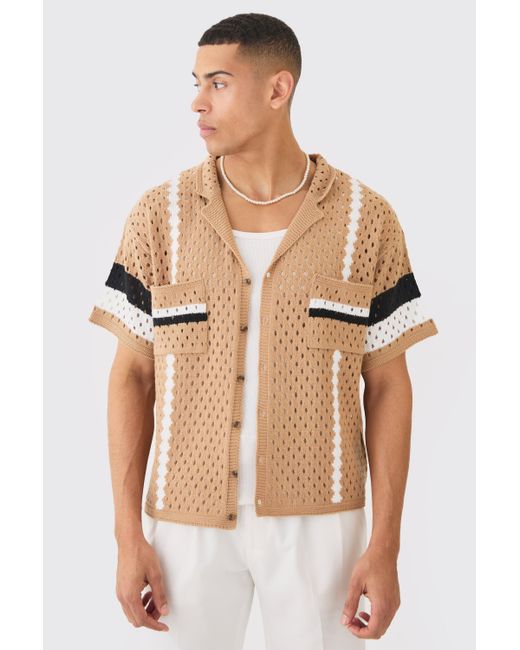 BoohooMAN Natural Oversized Boxy Open Stitch Revere Stripe Shirt In Stone for men