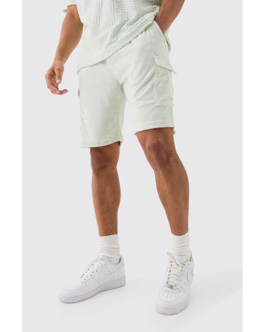 BoohooMAN White Loose Fit Mid Towelling Cargo Shorts for men