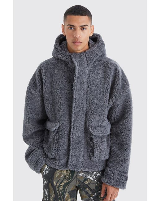 BoohooMAN Gray Oversized Boxy Boucle Borg Zip Thru Cargo Hoodie for men