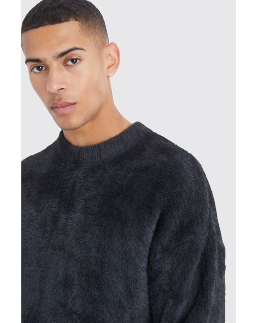 BoohooMAN Blue Boxy Crew Neck Fluffy Knitted Jumper for men