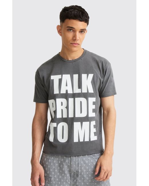 BoohooMAN Oversized Boxy Talk Pride To Me Distressed T-shirt in Gray für Herren