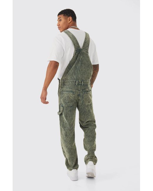 BoohooMAN Green Relaxed Acid Wash Cord Dungaree for men