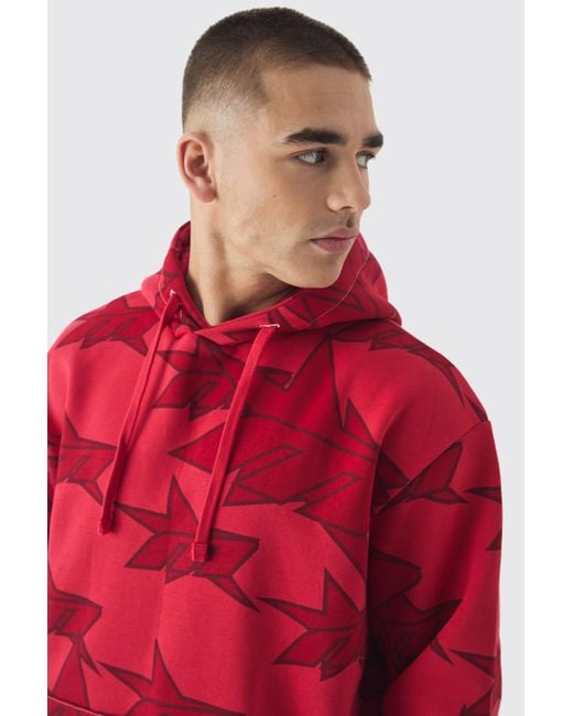 BoohooMAN Red Oversized All Over Star Graphic Hoodie for men