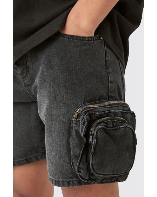 BoohooMAN Slim Fit 3d Cargo Pocket Denim Shorts In Washed Black for men