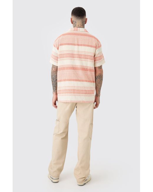 BoohooMAN Pink Tall Short Sleeve Oversized Textured Stripe Shirt In Stone for men