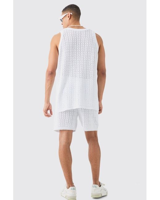 BoohooMAN Blue Relaxed Crochet Knitted Tank In White for men