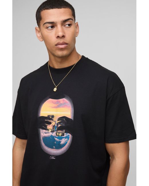 BoohooMAN Schwarzes Oversize T-Shirt mit MAN Sunset Print in Black für Herren