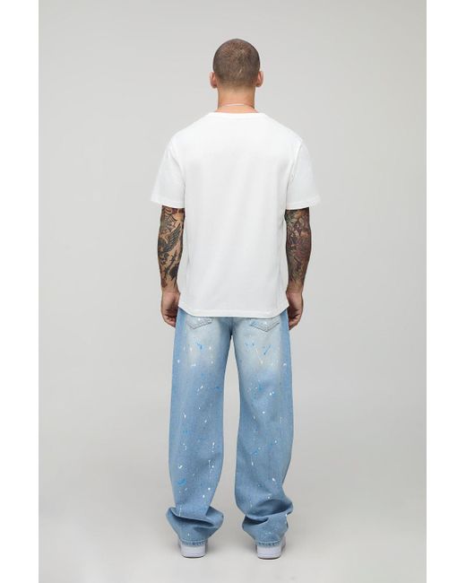 BoohooMAN Blue Relaxed Rigid Paint Splatter Denim Jeans for men