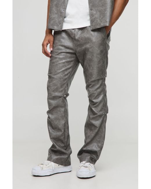 BoohooMAN Men's Gray Elasticated Waist Washed Pu Relaxed Ruched Pants