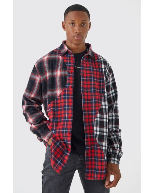 BoohooMAN Red Oversized Waved Spliced Check Shirt for men
