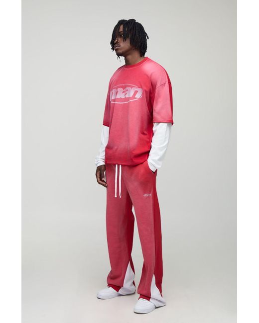 BoohooMAN Red Tall Oversized Boxy Embossed Washed Faux Layer T-Shirt & Relaxed Jogger Set for men