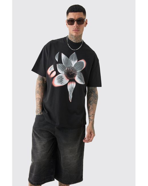 BoohooMAN Tall Oversized Extended Neck Abstract Floral Print T-shirt in Black für Herren