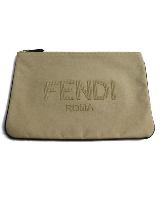BoohooMAN Green Fendi Preloved Roma Clutch Beige Canvas Unisex Clutches for men