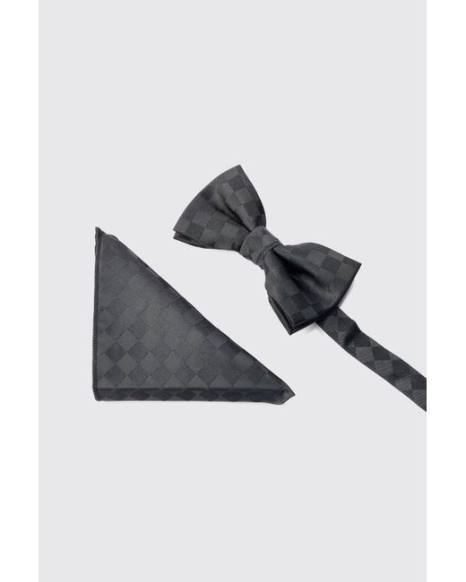 Boohoo Black Tonal Flannelerboard Pocket Square & Bow Tie Set