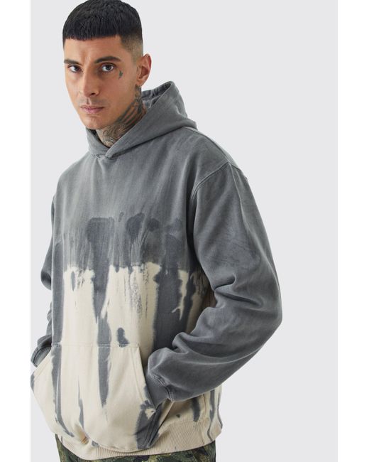 BoohooMAN Gray Tall Oversized Bleached Overdye Graphic Hoodie for men